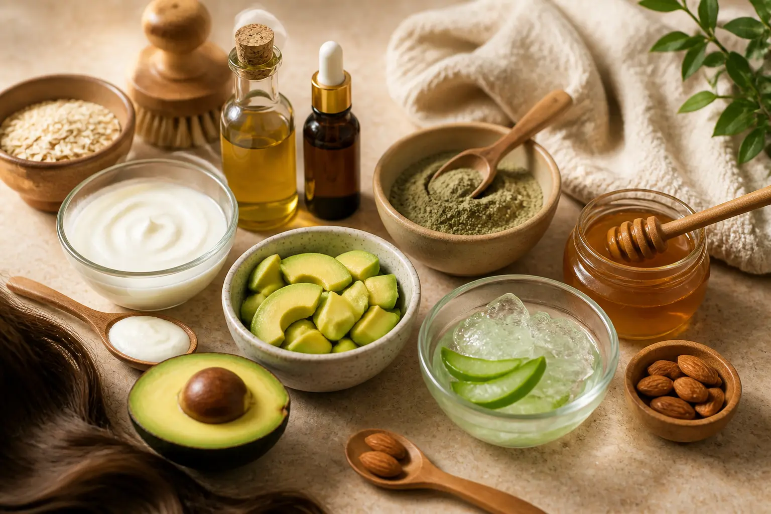 Masque pour les cheveux maison avec aloe vera, miel, avocat, yaourt, huiles et accessoires naturels sur table élégante