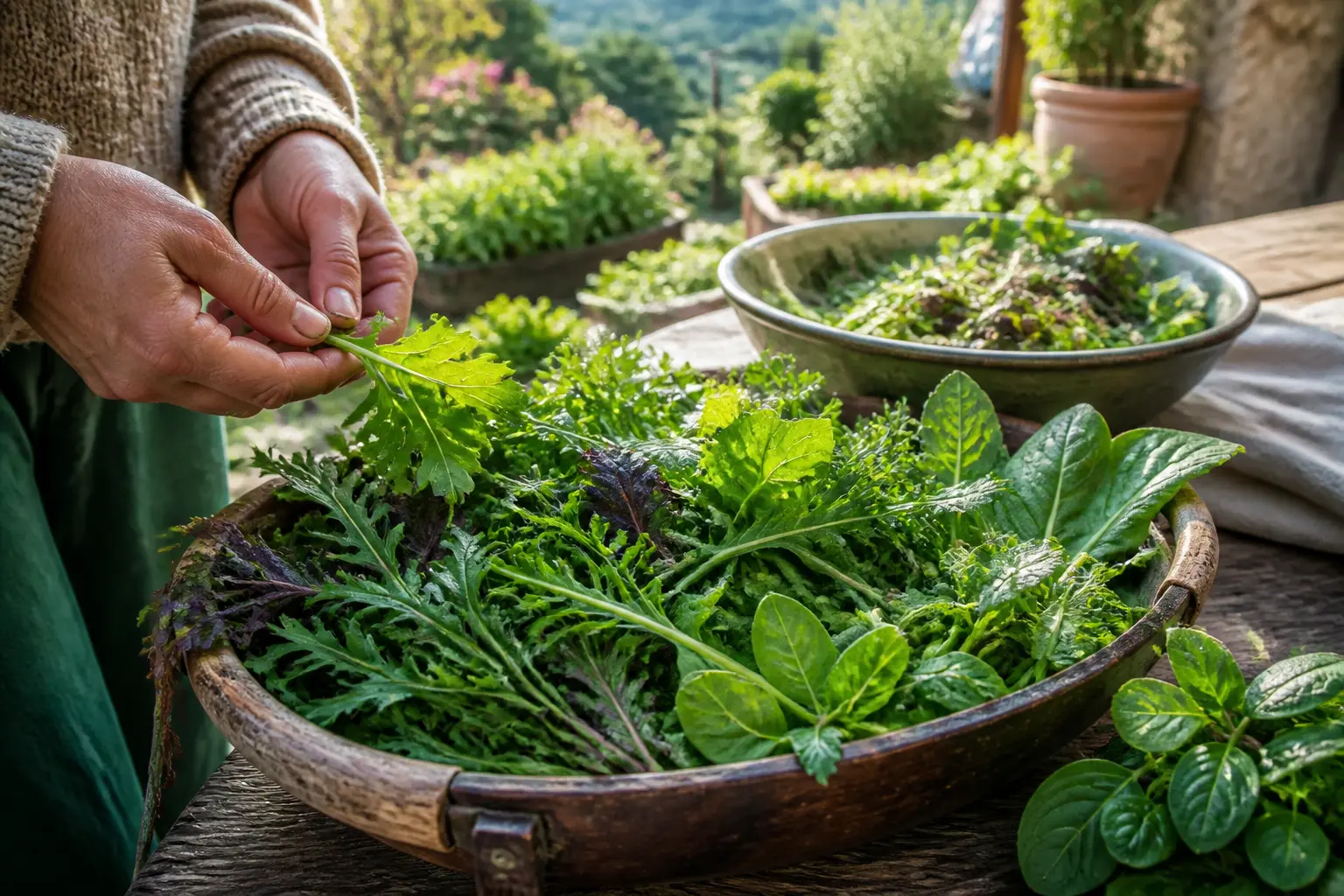 Mesclun frais récolté à la main dans un jardin provençal, panier de jeunes feuilles et salade sur table rustique.