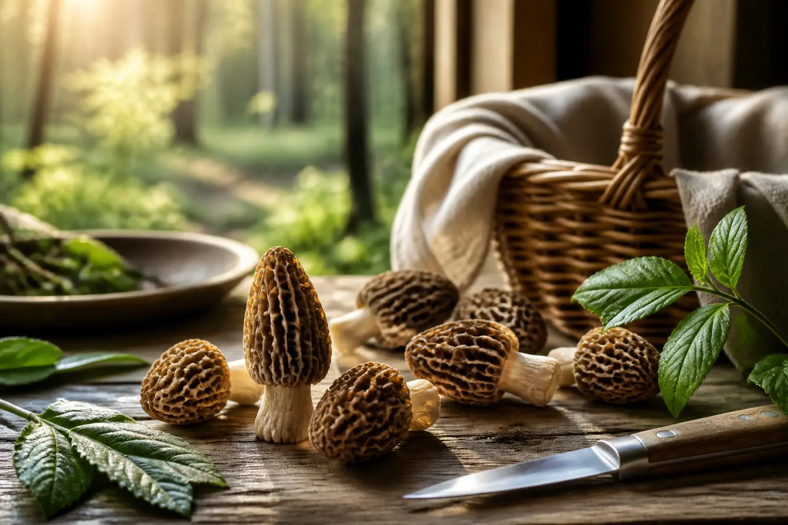 Morilles fraîches sur table en bois, panier et couteau rustique, ambiance forêt printanière chaleureuse et naturelle