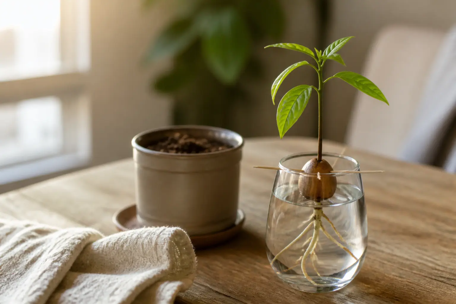 Noyau avocat germé dans un verre d’eau avec racines et jeune pousse, sur table de cuisine lumineuse avec petit pot de terreau.