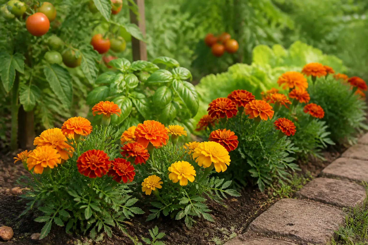 Oeillet d'inde en bordure de potager, fleurs jaunes et orange près de tomates et basilic, lumière naturelle douce