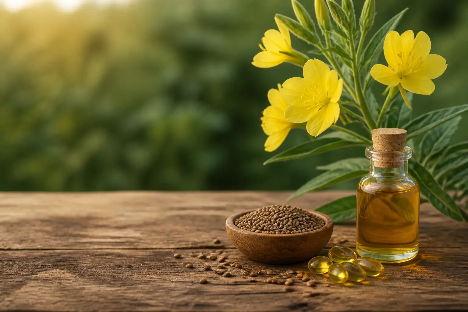 Onagre en fleurs jaunes au crépuscule, graines, huile en flacon et capsules sur bois, ambiance naturelle et élégante