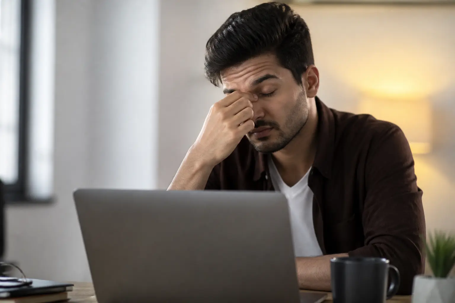 Personne fatiguée en bureau se frottant une paupière qui tremble, avec ordinateur portable et tasse de café.