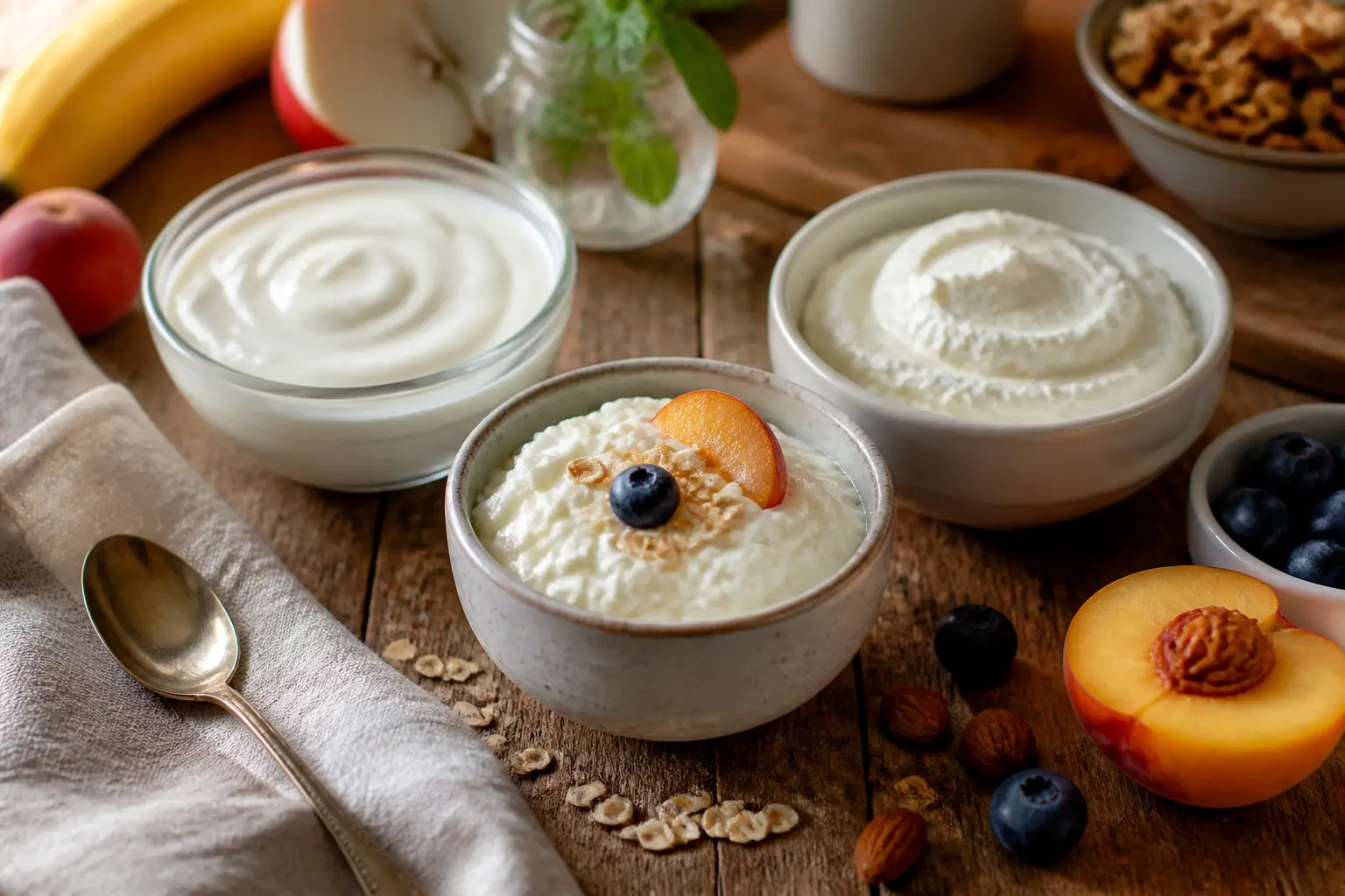 Petit suisse, yaourt et fromage blanc sur table rustique avec fruits, avoine et noix, scène petit-déjeuner saine