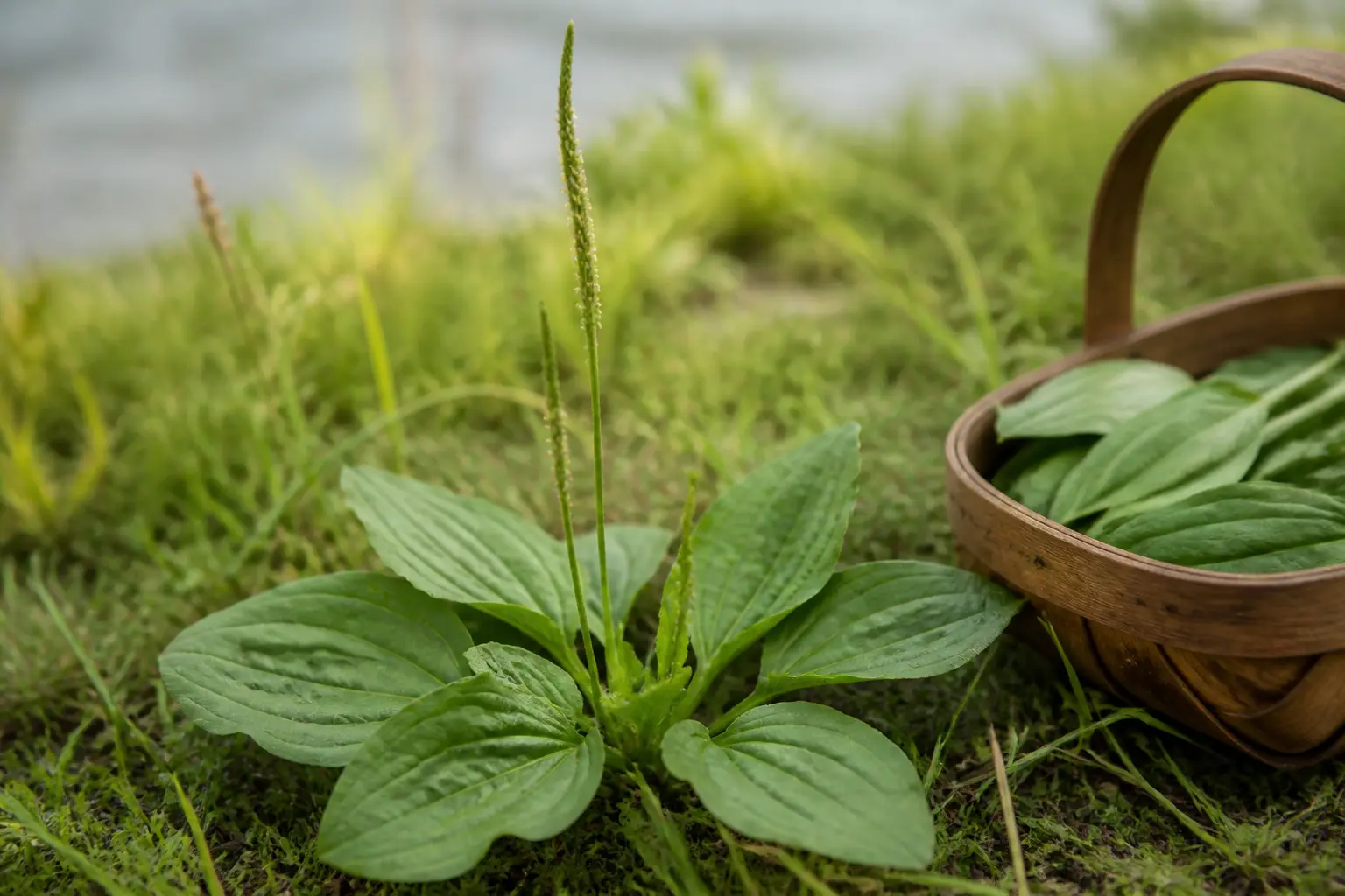 Plantain sauvage en rosette avec épi floral, feuilles cueillies près d’un panier rustique dans une prairie.