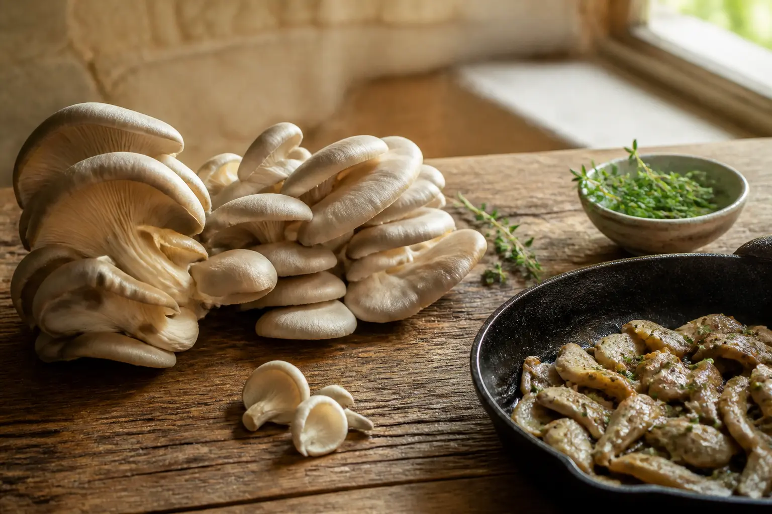 Pleurotes frais sur table en bois, poêle de champignons sautés et herbes, ambiance cuisine rustique chaleureuse