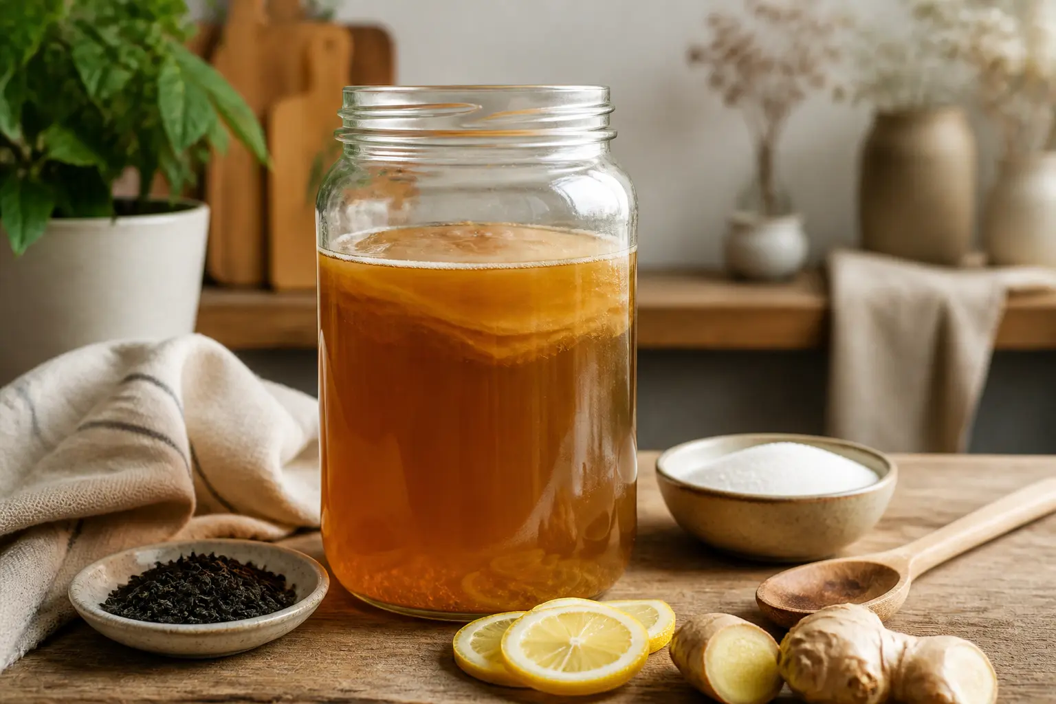 Recette kombucha maison : bocal en verre avec SCOBY, thé ambré, sucre, gingembre, citron et ustensiles en cuisine naturelle