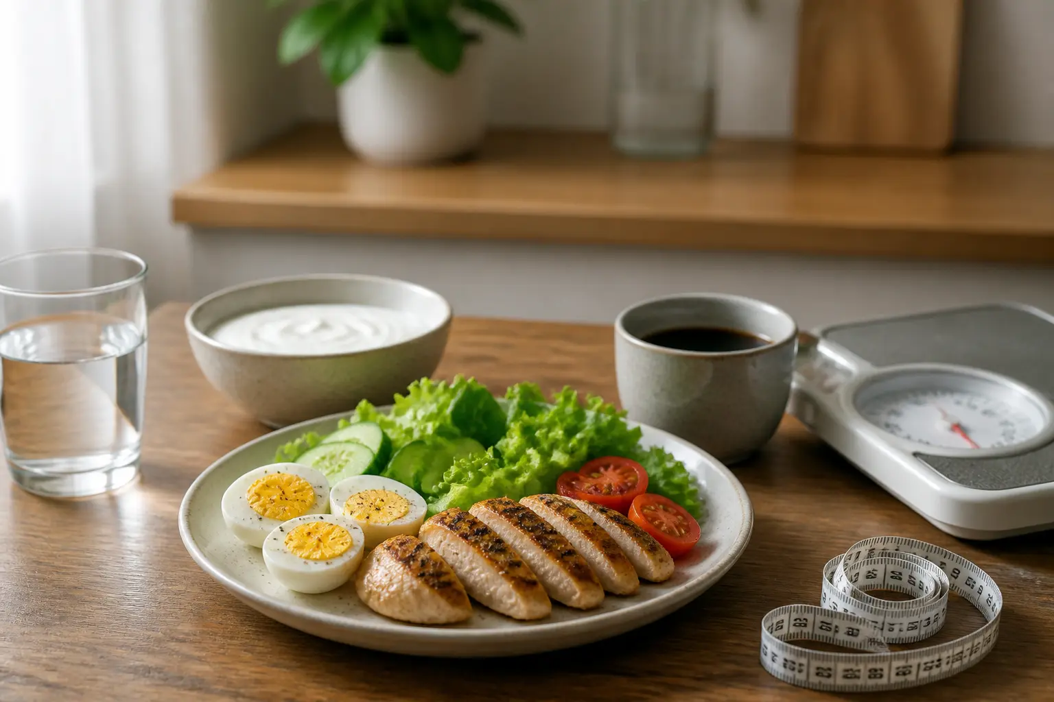 regime thonon : repas protéiné simple, balance et mètre ruban sur table de cuisine, ambiance stricte et épurée