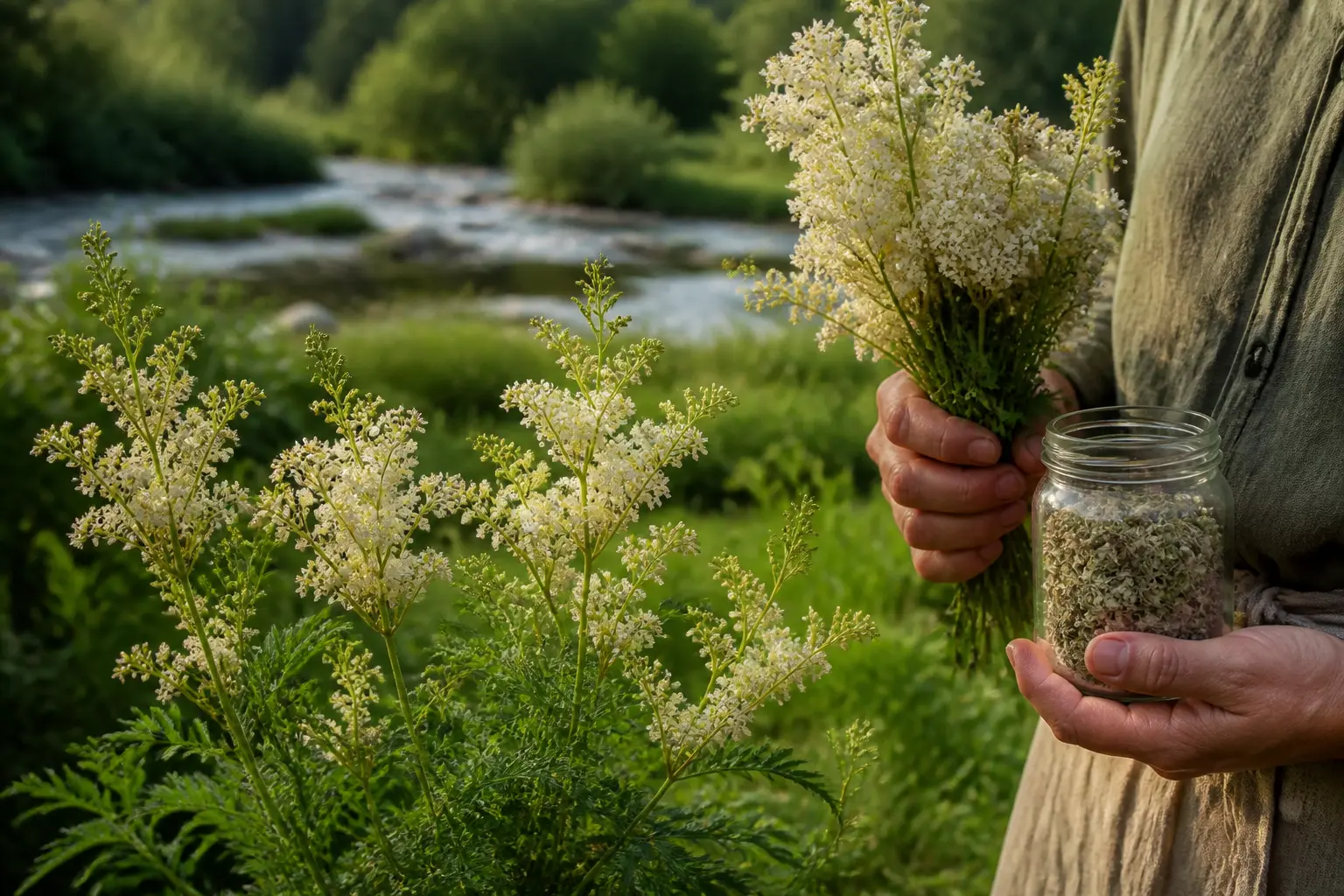 Reine des prés en prairie humide, bouquet tenu à la main, lumière douce, ambiance botanique naturelle et apaisante