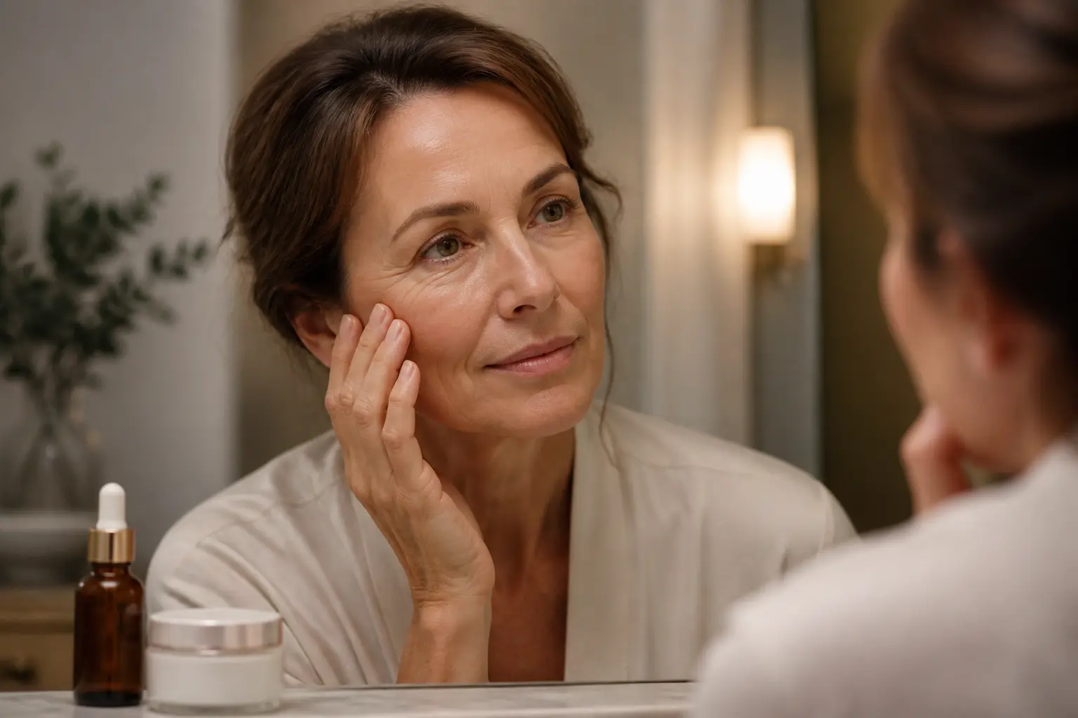 Portrait d’une femme mature avec rides du visage subtiles, touchant sa joue, soins anti-âge en salle de bain chaleureuse