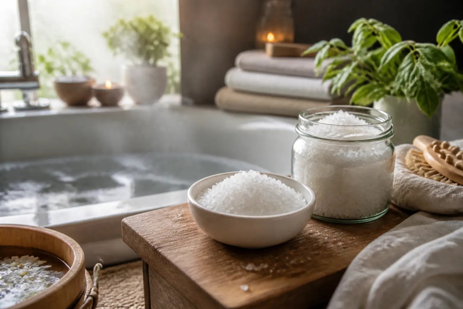 Sel d'epsom dans un bol blanc et un bocal en verre, ambiance bain relaxant avec serviettes et bois naturel