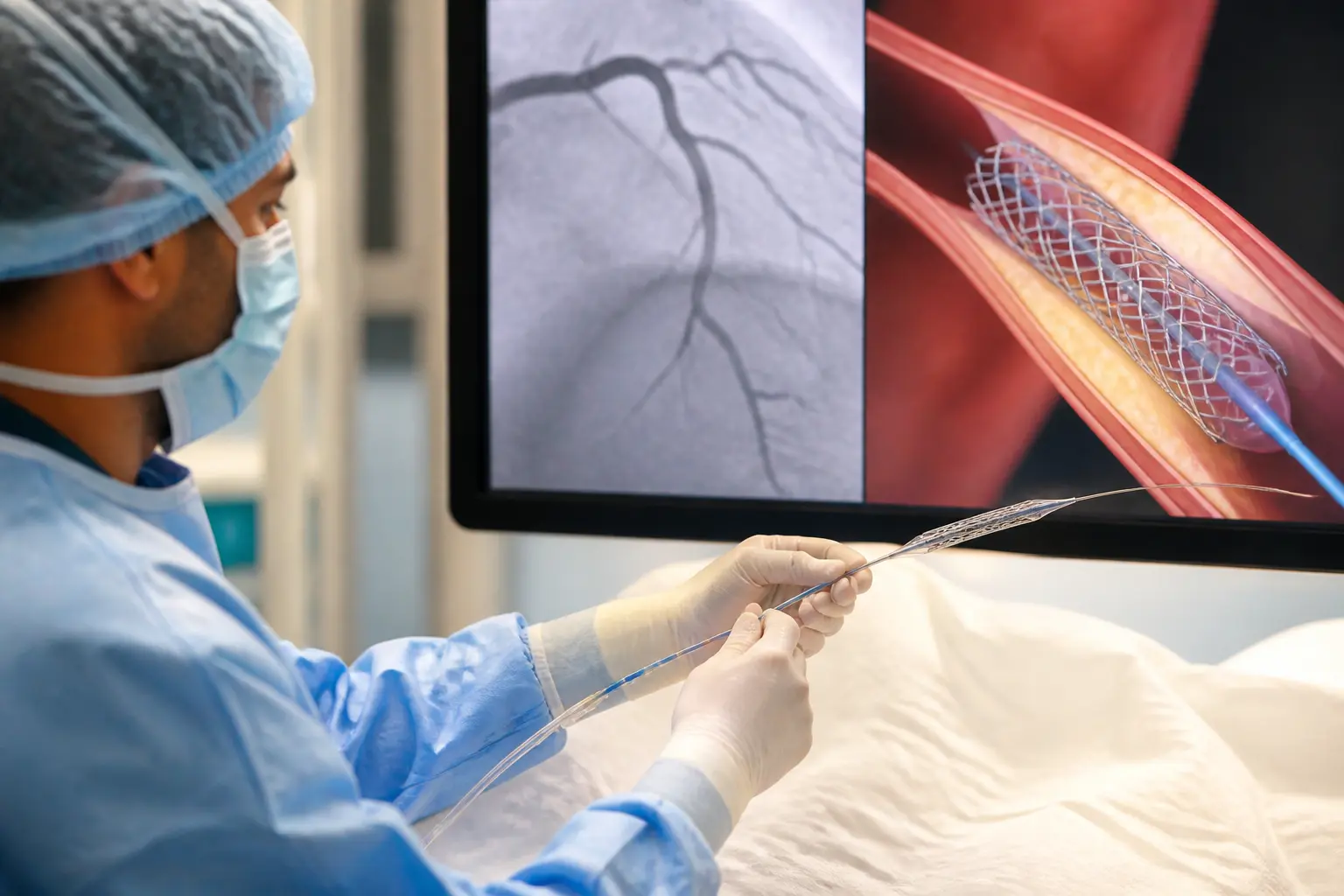 Stent coeur en salle de cardiologie, mains gantées guidant un cathéter et un stent sur écran, ambiance stérile et précise