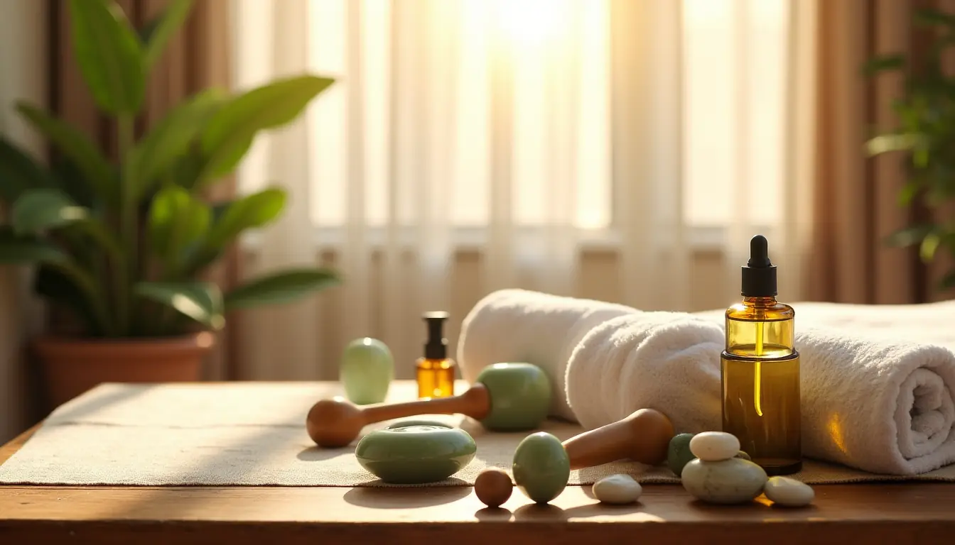 Accessoires de massage en bois et pierres posés sur une table, lumière douce