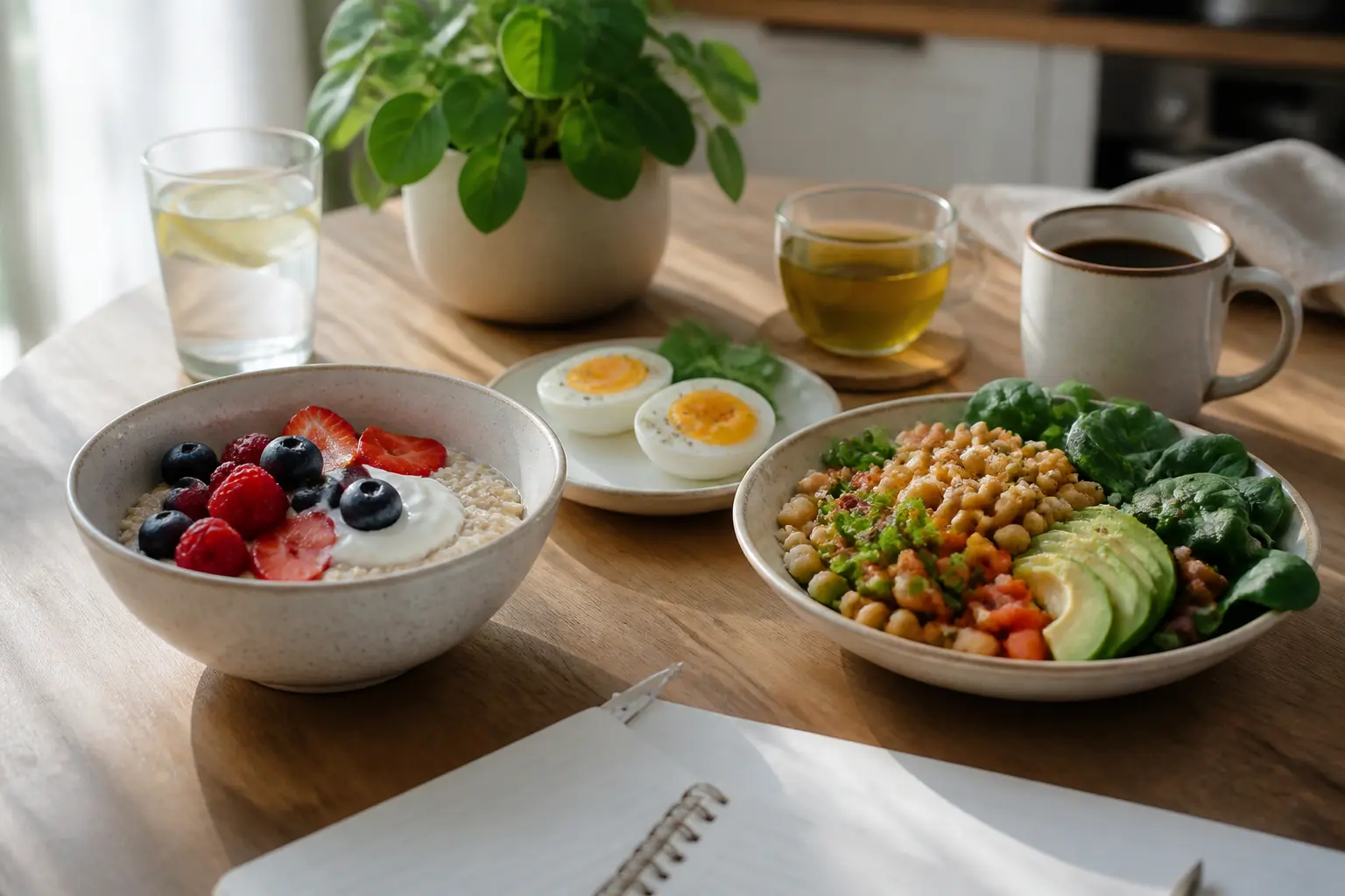 Petit-déjeuner sain avec aliment brule graisse : flocons d’avoine, baies, yaourt, œufs, légumes, thé vert et café noir