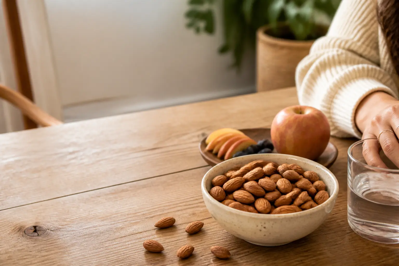 Amandes bienfaits : bol d’amandes crues, fruit et verre d’eau sur table en bois, ambiance saine et lumineuse