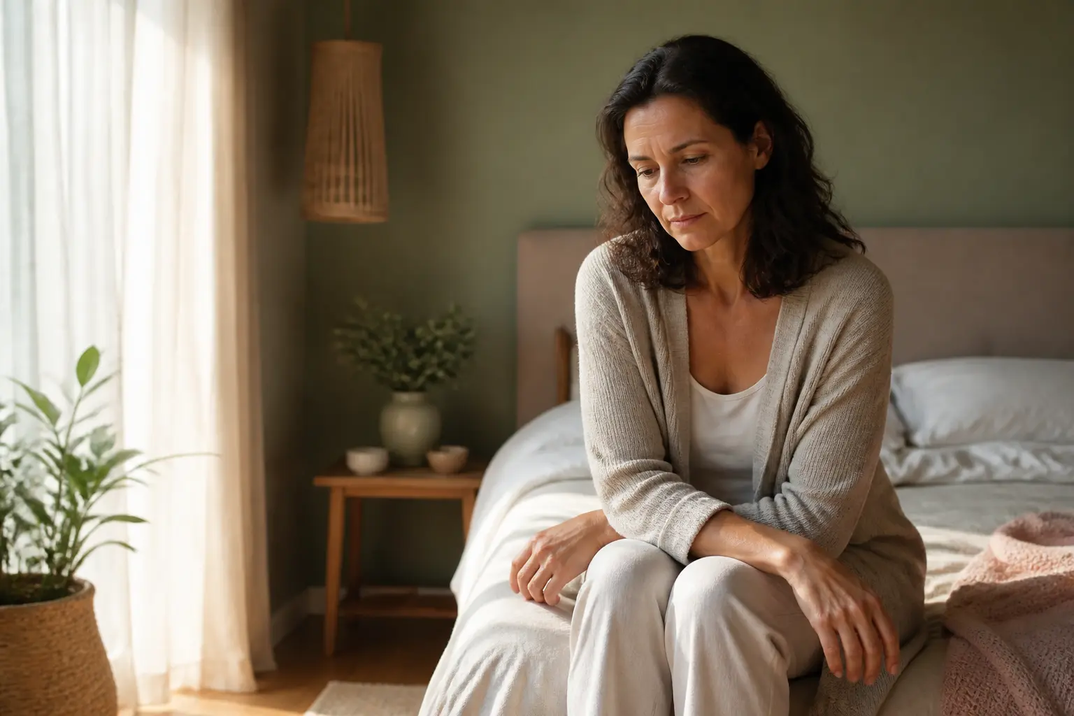 Atrophie vaginale : femme d’âge mûr assise sur un lit, ambiance douce et rassurante, chambre chaleureuse, style éditorial.