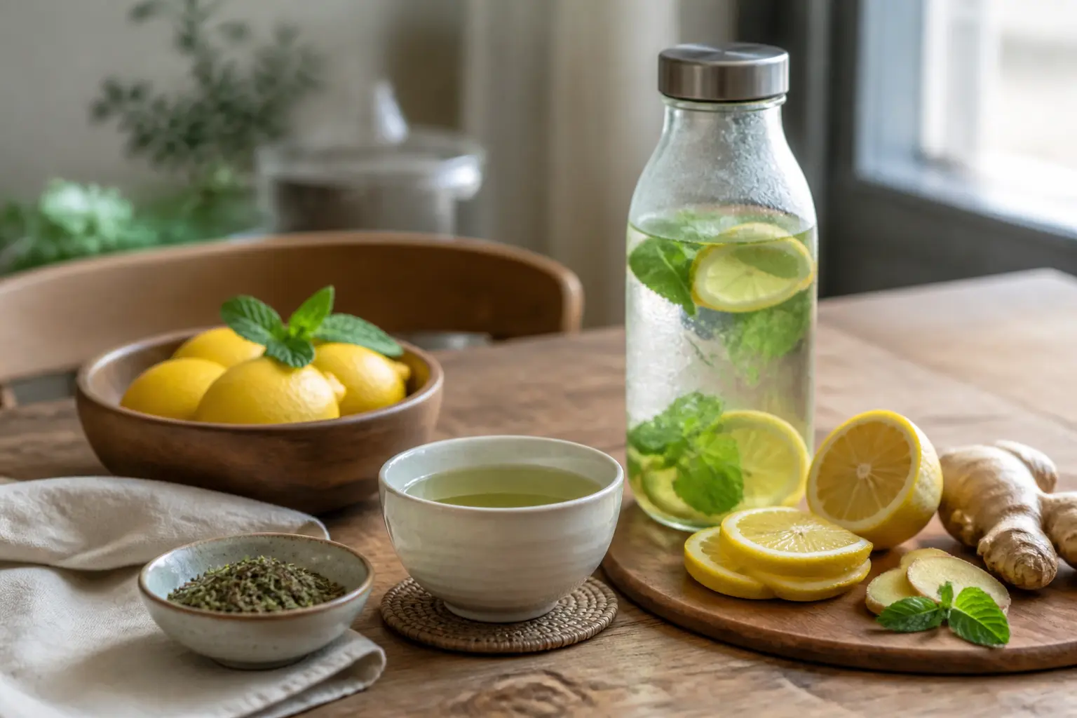 Boisson pour maigrir : eau infusée, thé vert, citron, gingembre et menthe sur table en bois, lumière douce naturelle