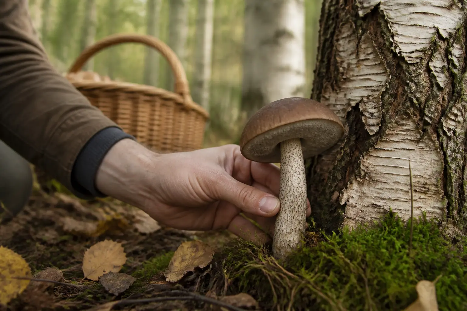 Bolet rude près d’un bouleau en forêt, main l’inspectant, mousse, feuilles mortes et panier en osier discret.