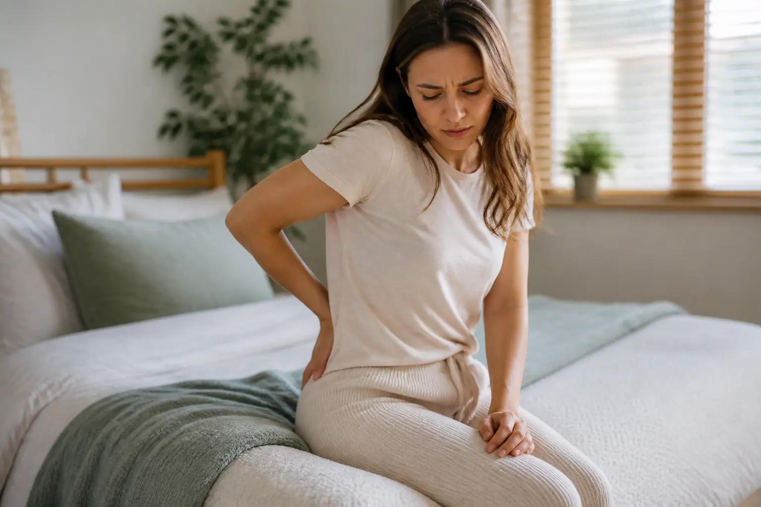 Personne assise sur un canapé, gênée par un bouton sur les fesses, dans une chambre calme et propre, lumière naturelle.