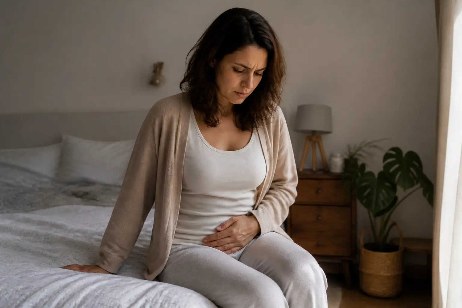 Femme française inquiète assise sur un lit, main sur le bas-ventre, évoquant une brûlure vagin dans une chambre douce et calme