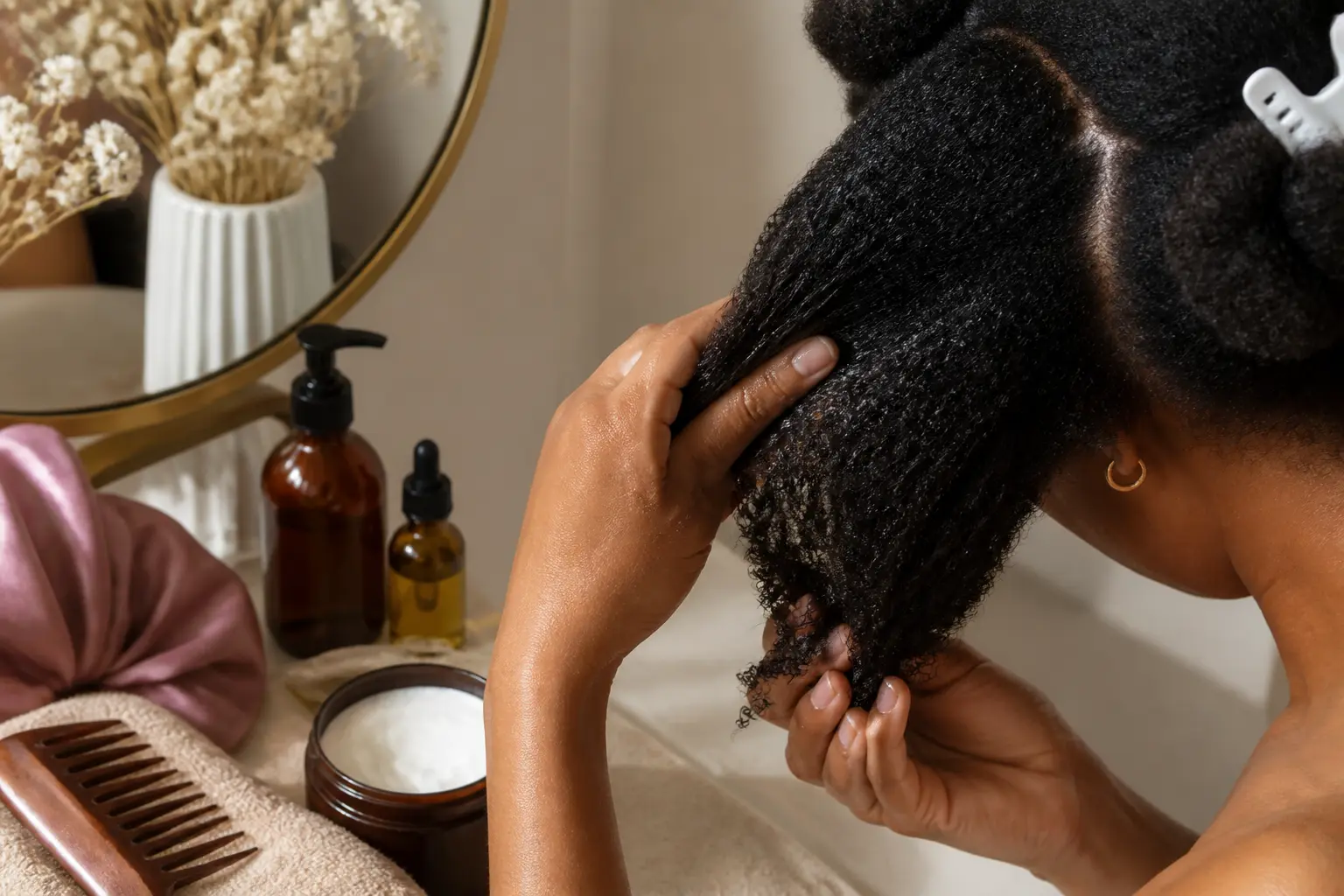 Cheveux crépus entretien : routine 4C d’une femme noire avec produits hydratants, peigne, bonnet satin et boucles sectionnées