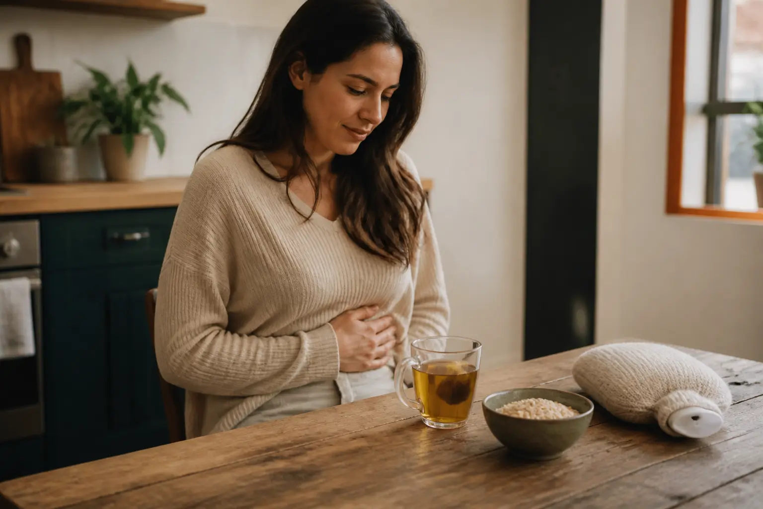 Colon irritable remède grand mère : femme en cuisine avec tisane, flocons d’avoine et bouillotte, ambiance apaisante