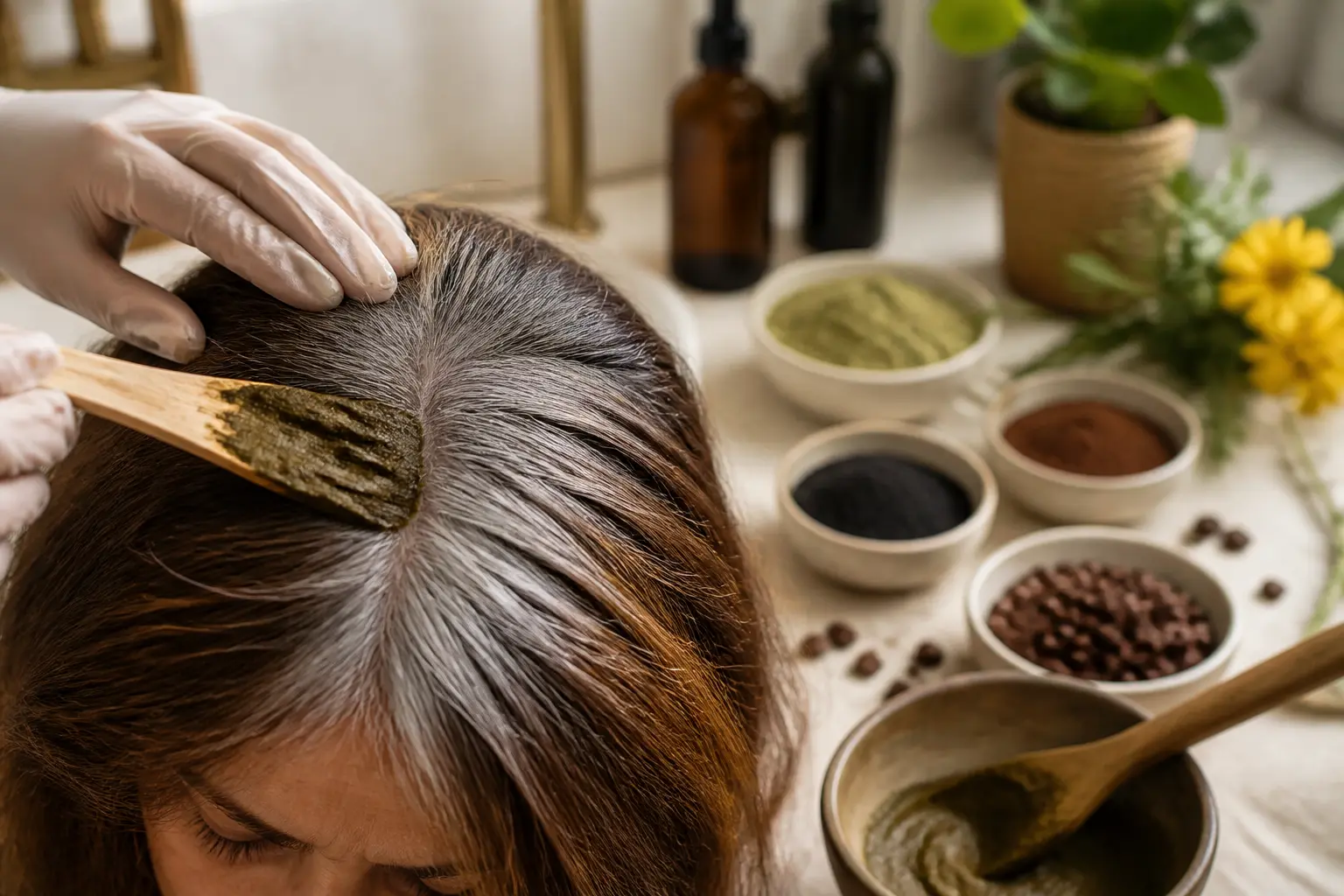 Colorer les cheveux blancs naturellement avec plantes, racines blanches, henné, indigo et café en ambiance élégante