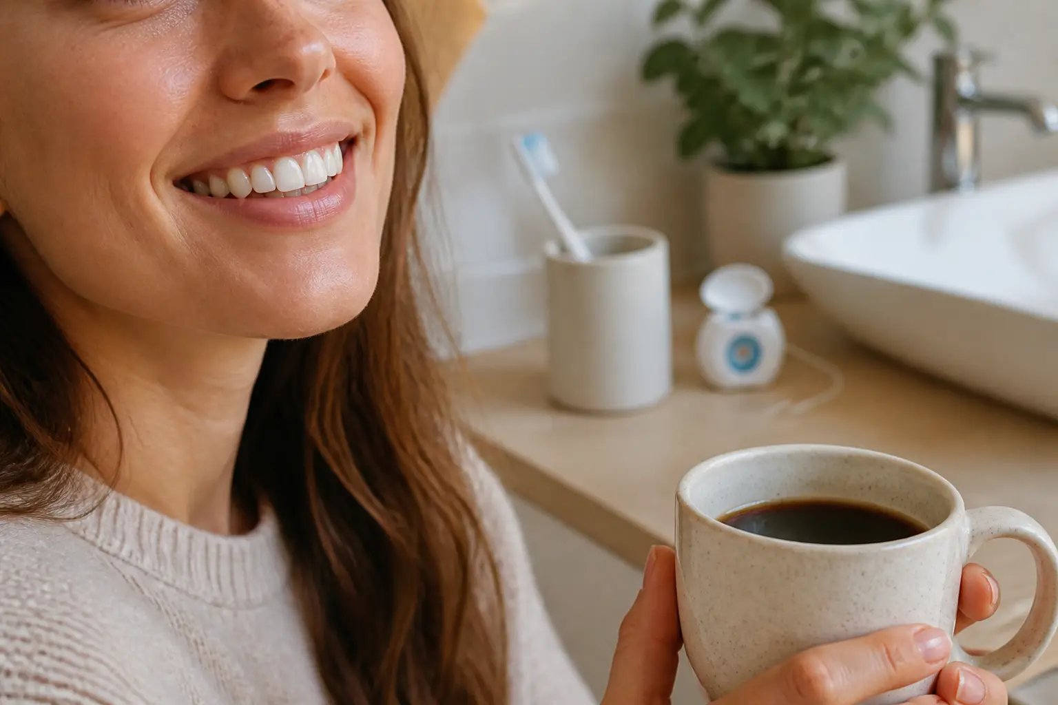 Comment avoir les dents blanches : sourire naturel aux dents blanches, café à côté, brosse à dents en fond flou.