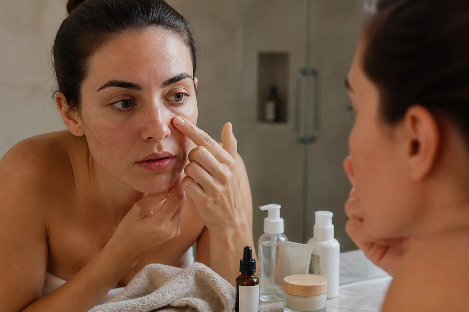 Comment enlever les points noirs : jeune femme examinant son visage devant un miroir, soins visage sur marbre, lumière naturelle