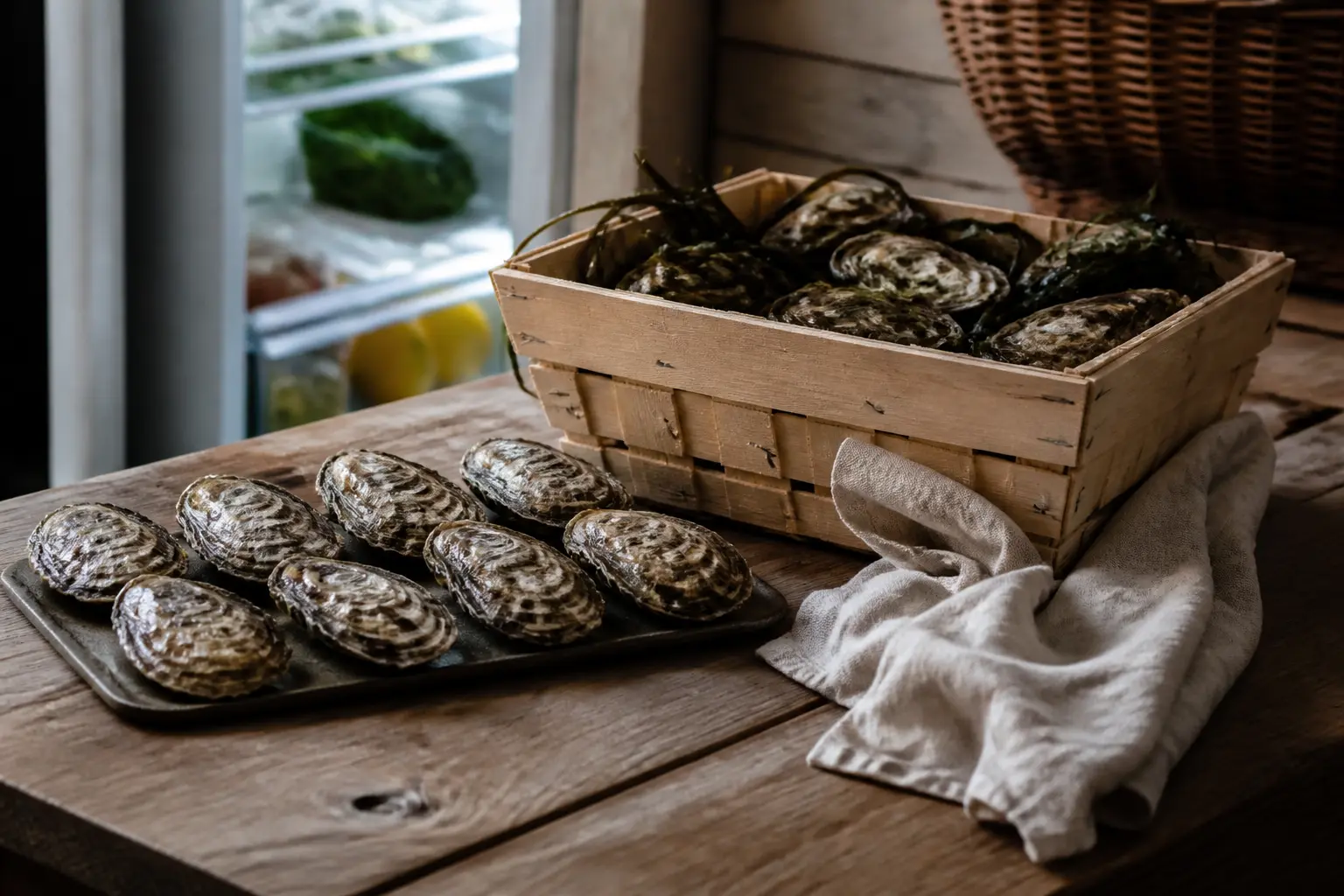 Conservation huitres à la maison sur table rustique, bourriche, huîtres fermées, linge humide et réfrigérateur en fond