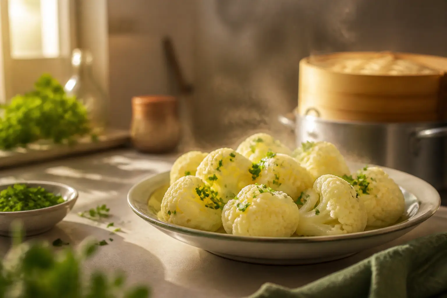 Cuisson vapeur chou fleur : chou-fleur vapeur dressé en assiette, lumière naturelle, ambiance cuisine raffinée.