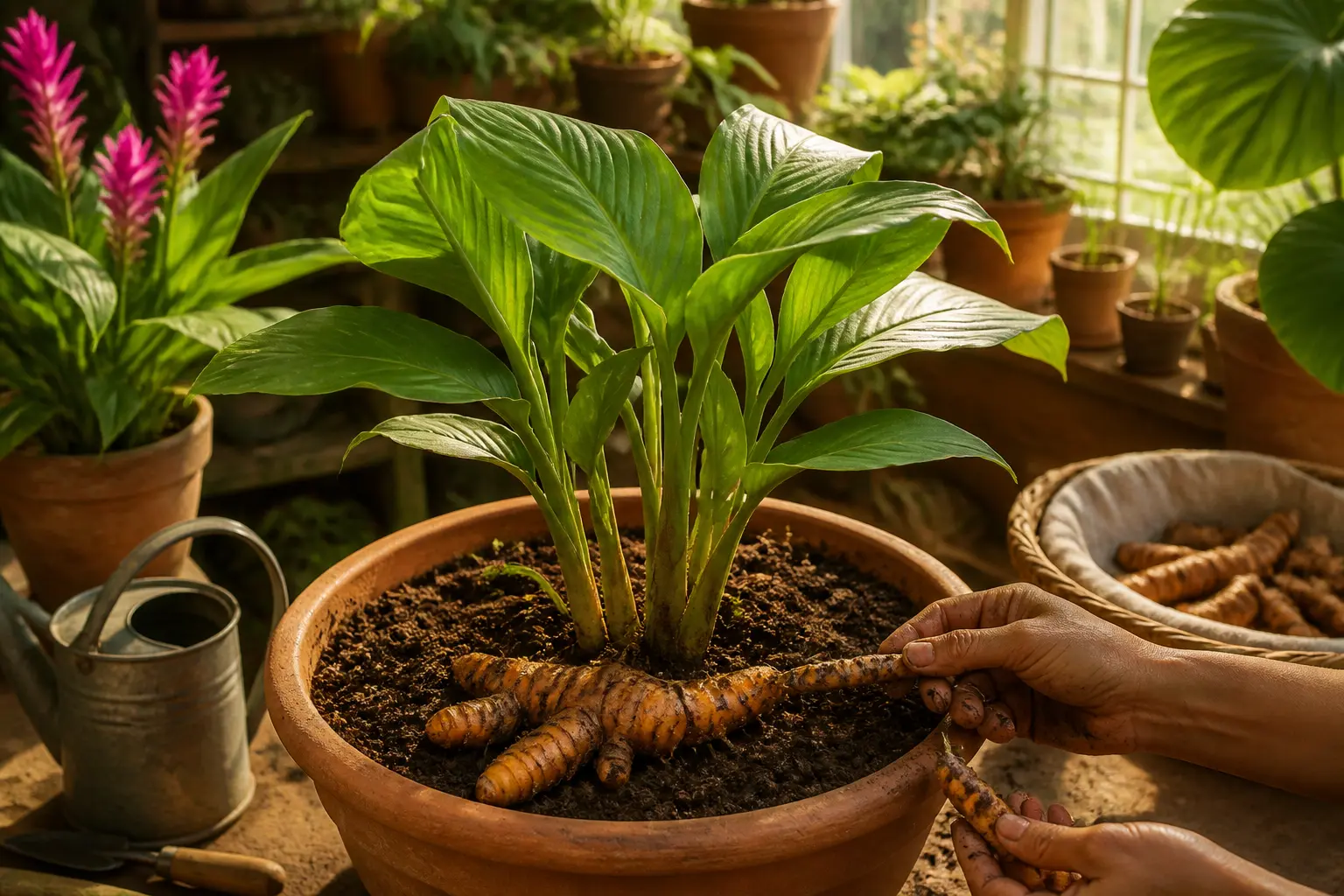 Curcuma plante en pot en intérieur, feuilles tropicales, rhizome visible, ambiance jardin chaleureux et naturel
