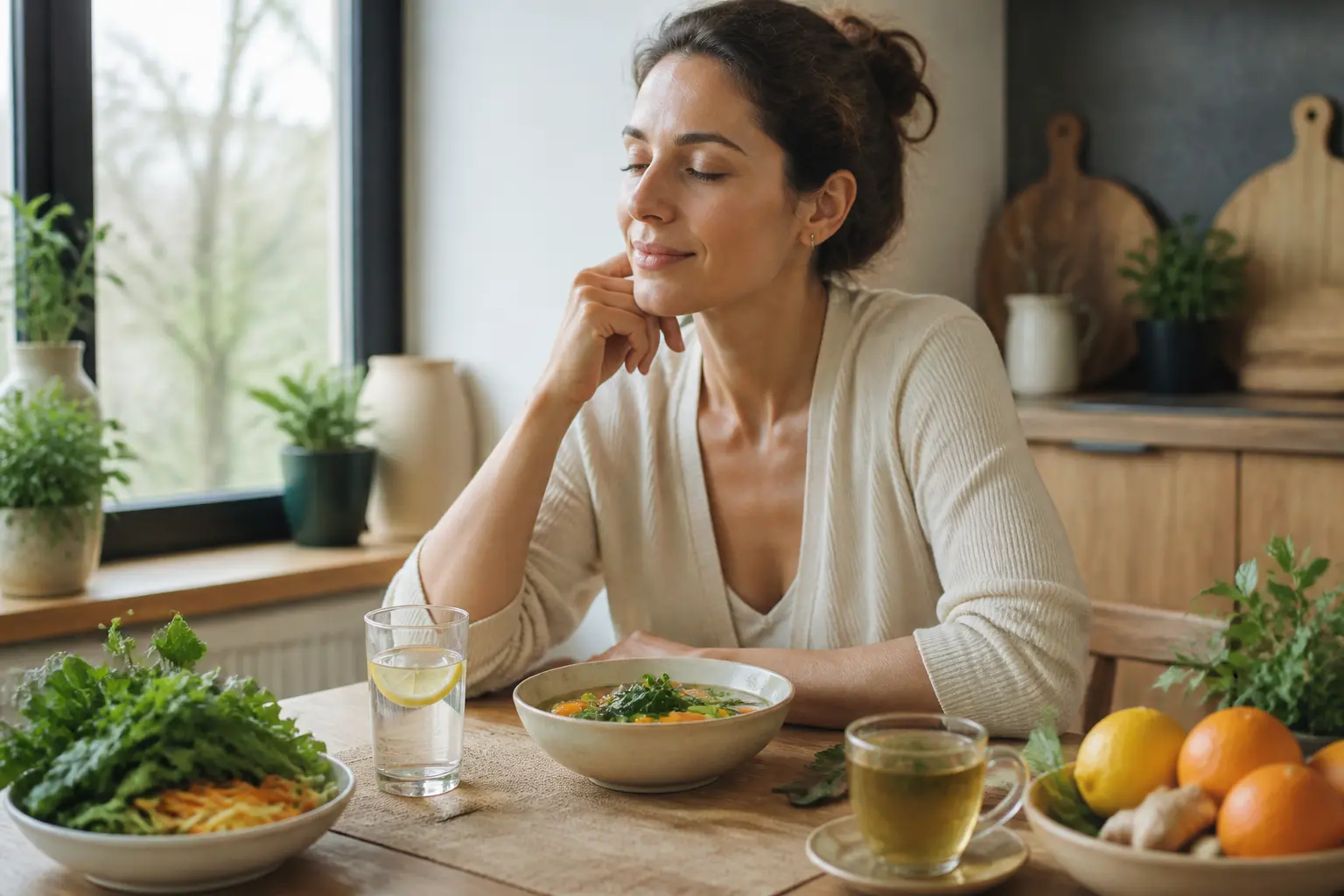Femme dans une cuisine lumineuse, repas léger et boisson, illustrant une cure détox douce et équilibrée.
