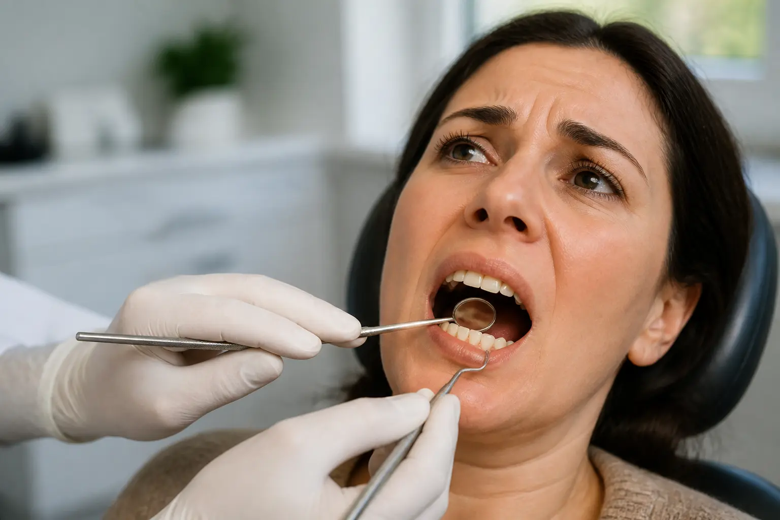 Patient en clinique dentaire montrant un dechaussement des dents avec récession gingivale et examen du dentiste