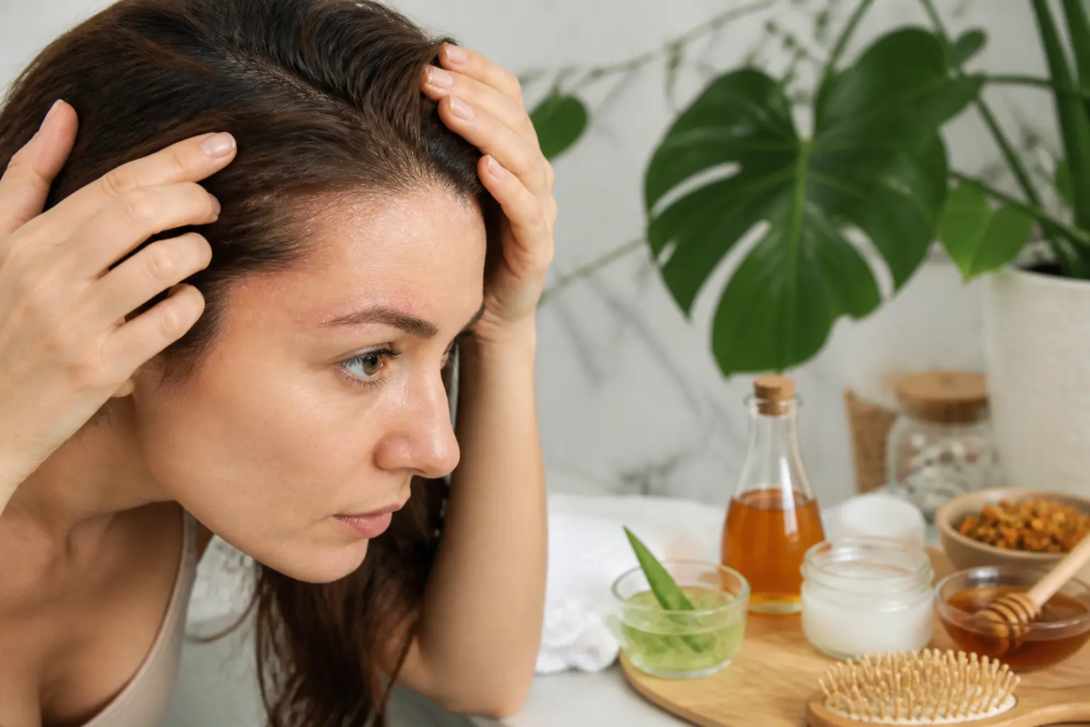 Dermite séborrhéique remède grand-mère : personne examinant cuir chevelu irrité, aloe vera, miel et huile de coco à côté