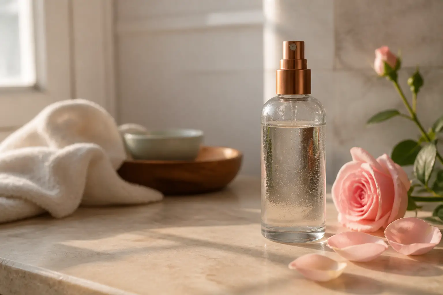Eau de rose en flacon naturel avec pétales de rose sur surface claire, ambiance beauté douce et lumineuse
