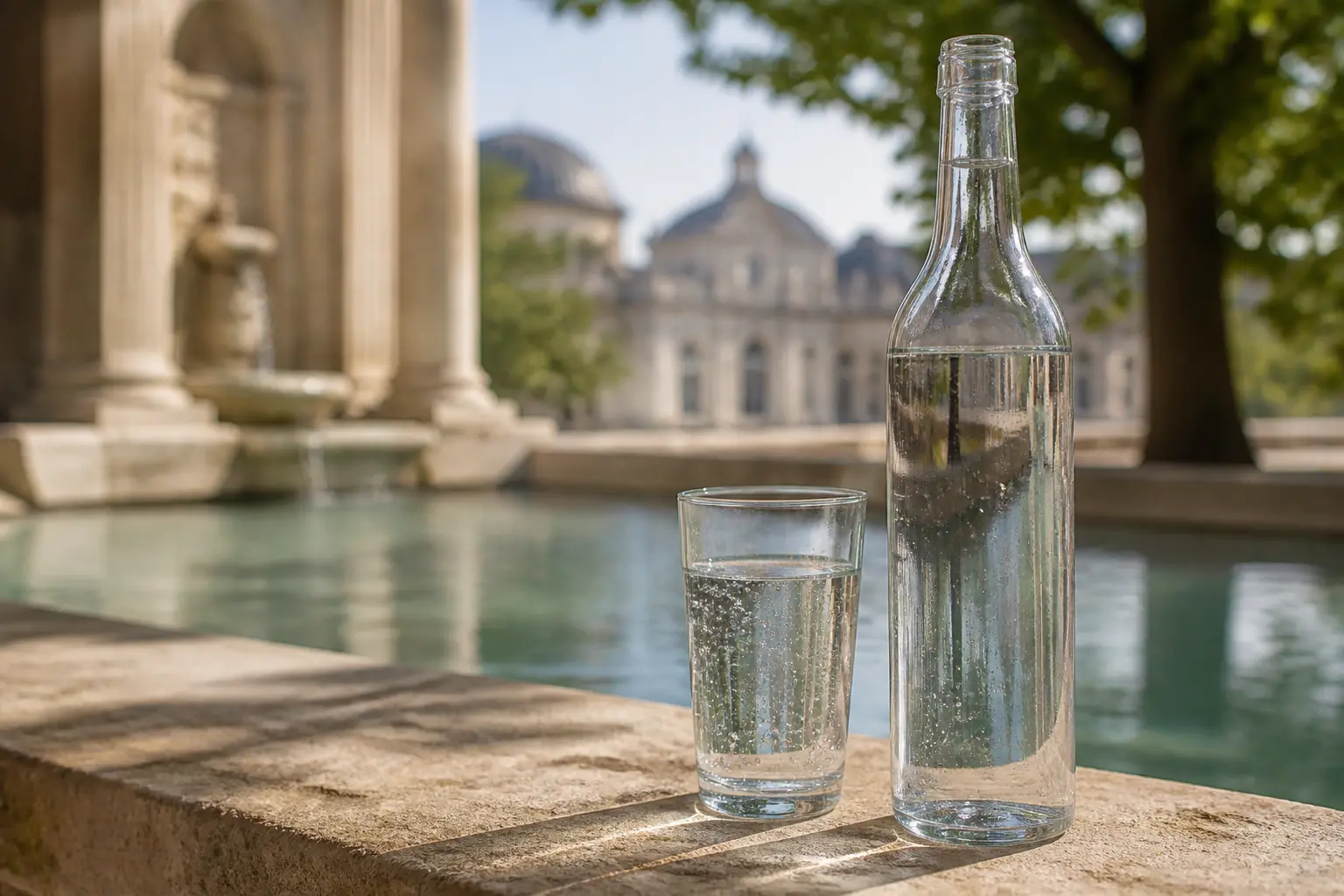 Eau de vichy en bouteille et verre sur fond minéral, ambiance thermale élégante et naturelle, bulles fines.