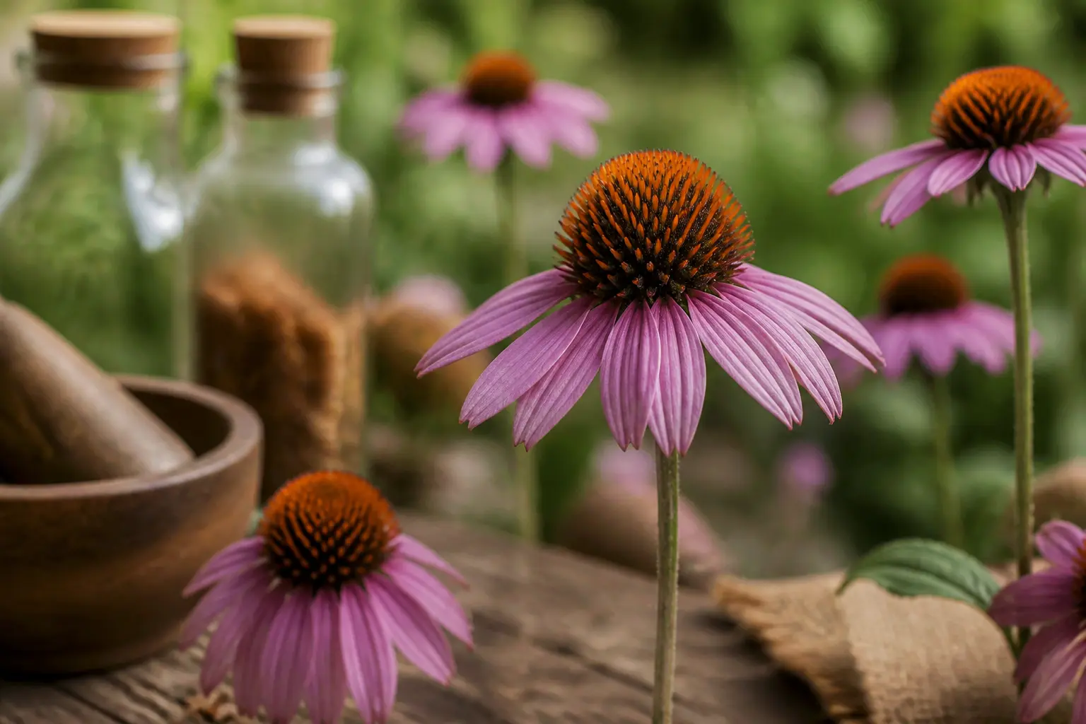 Echinacea en gros plan dans un jardin naturel, fleurs violettes floues, ambiance chaleureuse et apaisante