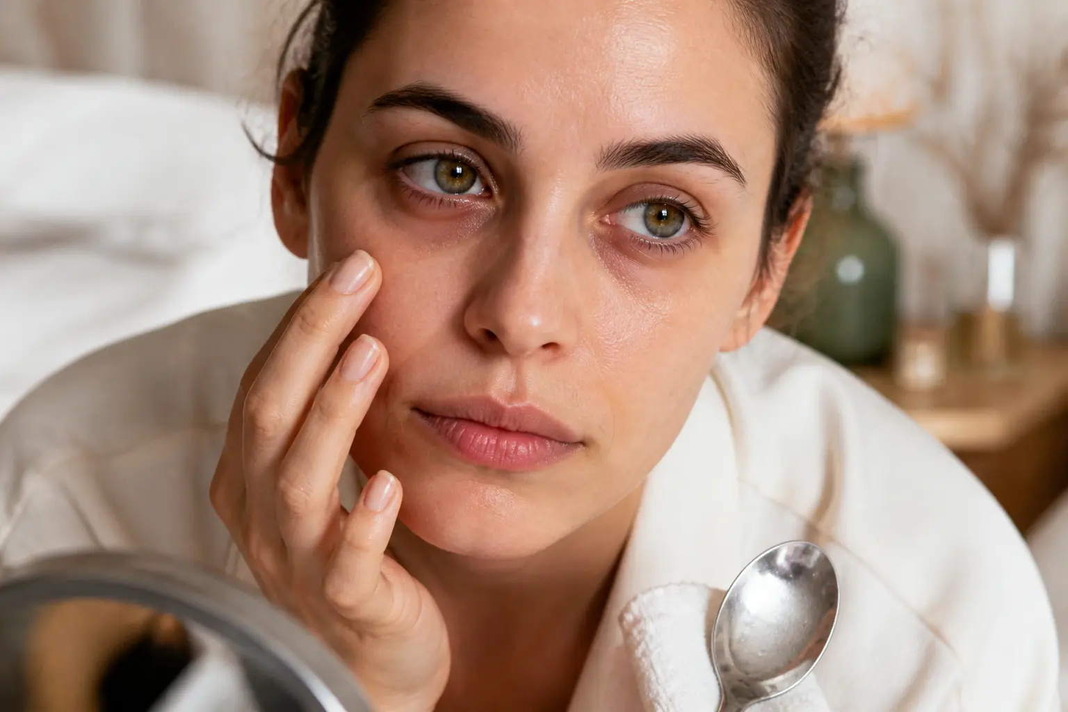 Effacer les cernes naturellement : femme élégante au regard fatigué, cernes légers, lumière douce, soin frais près du visage