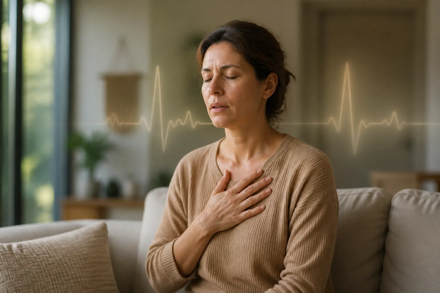 Personne au repos touchant sa poitrine, illustrant des extrasystoles et des palpitations dans un intérieur apaisant