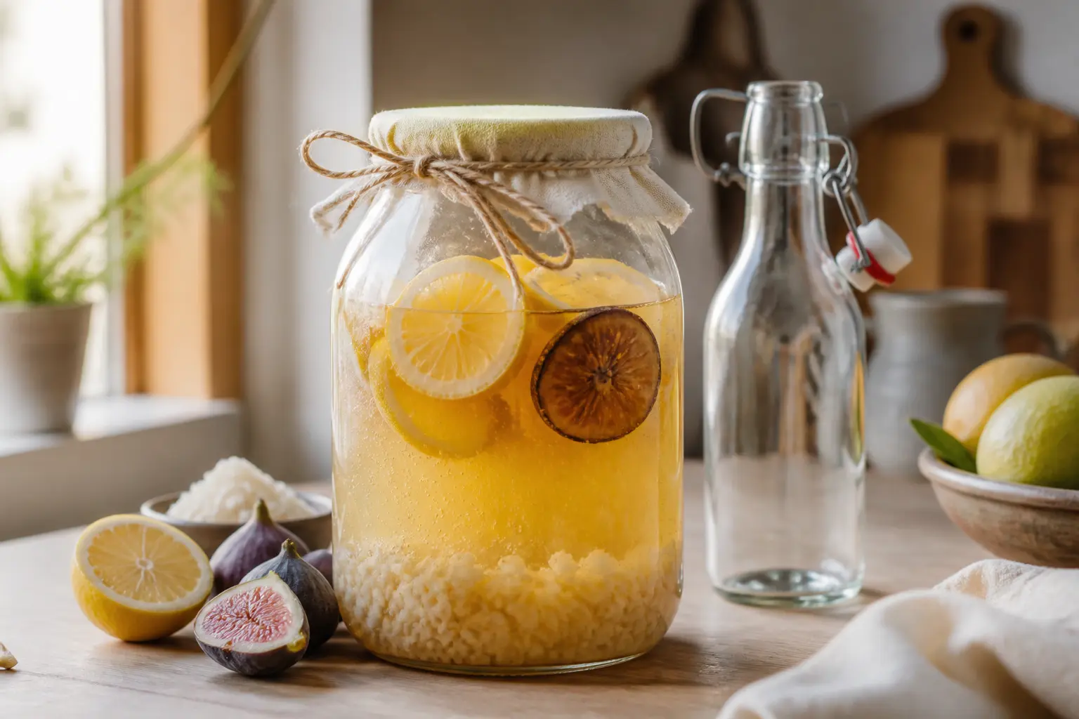 Faire du kefir maison : bocal en verre avec grains, citron, figue sèche et bouteille de seconde fermentation en cuisine lumineuse