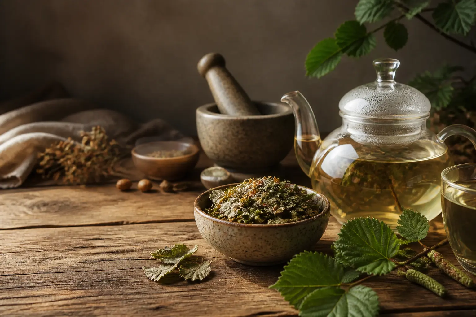 Feuille de noisetier séchée, infusion herbal en théière, feuilles fraîches et mortier sur table en bois rustique