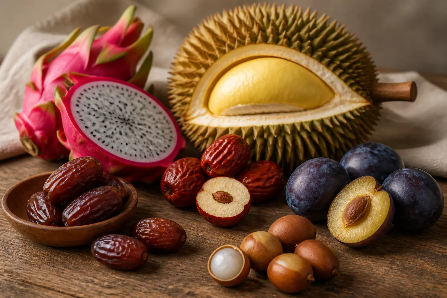 Fruits en d sur table rustique : dattes, pitaya, durian, jujube, prune damson et doum, style éditorial naturel
