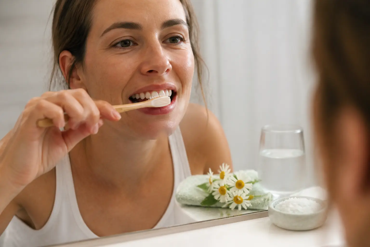 Gingivite traitement naturel : adulte se brossant les dents avec douceur, bain de sel, compresse froide et camomille sur le lavabo