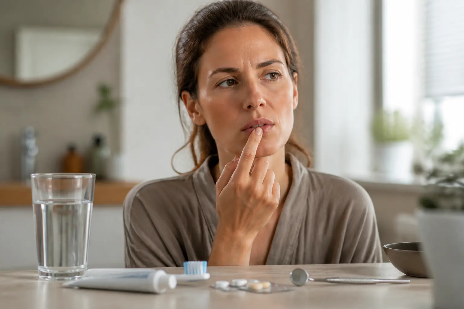 Adulte pensif touchant ses lèvres, gout métallique dans la bouche, avec brosse à dents, eau et médicaments en fond.