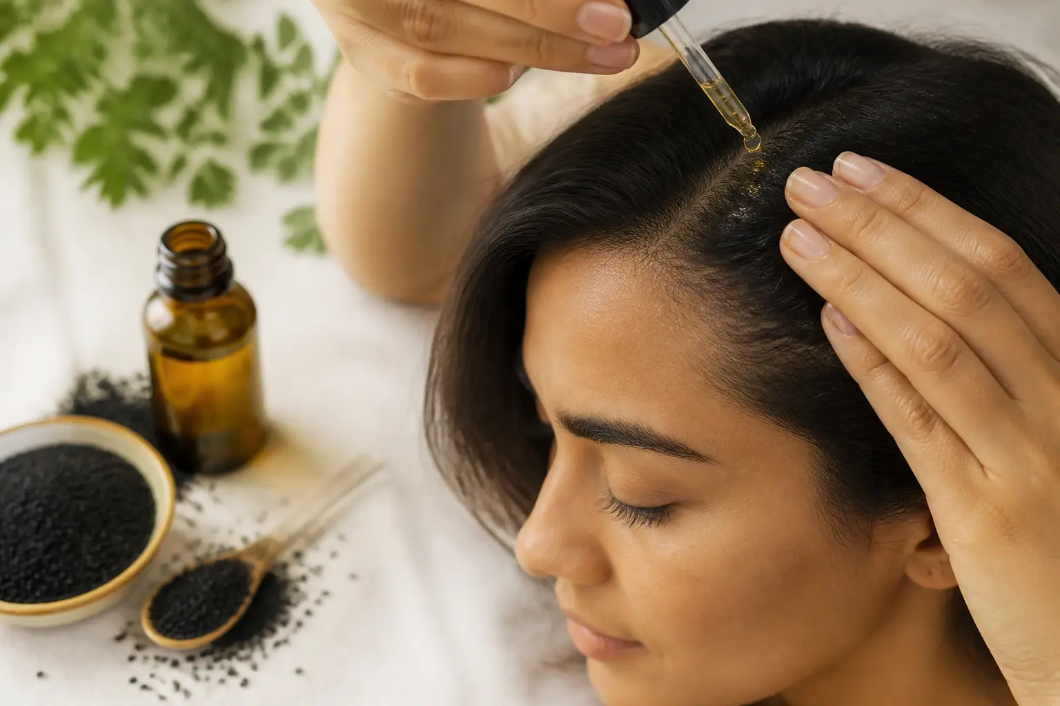 Huile de nigelle pour les cheveux : femme au cuir chevelu massé avec huile, flacon ambré et graines de nigelle.