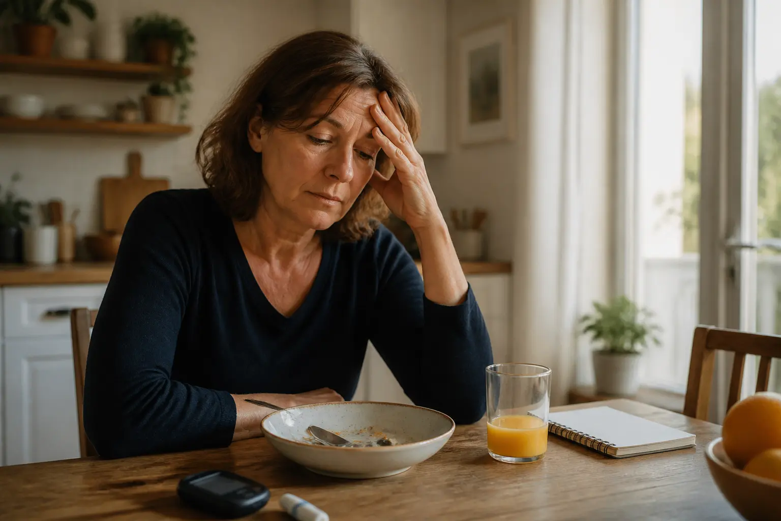 Personne fatiguée à table, petit-déjeuner entamé, jus d’orange et glucomètre, illustrant les hypoglycémie causes.