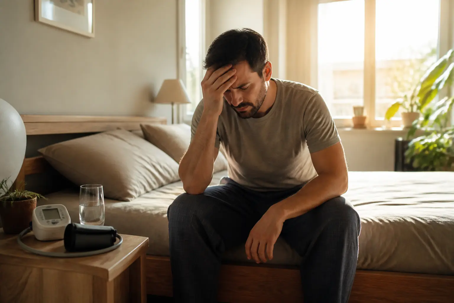 Hypotension symptômes : adulte assis au bord du lit, tête basse, verre d’eau et tensiomètre à côté, lumière douce.