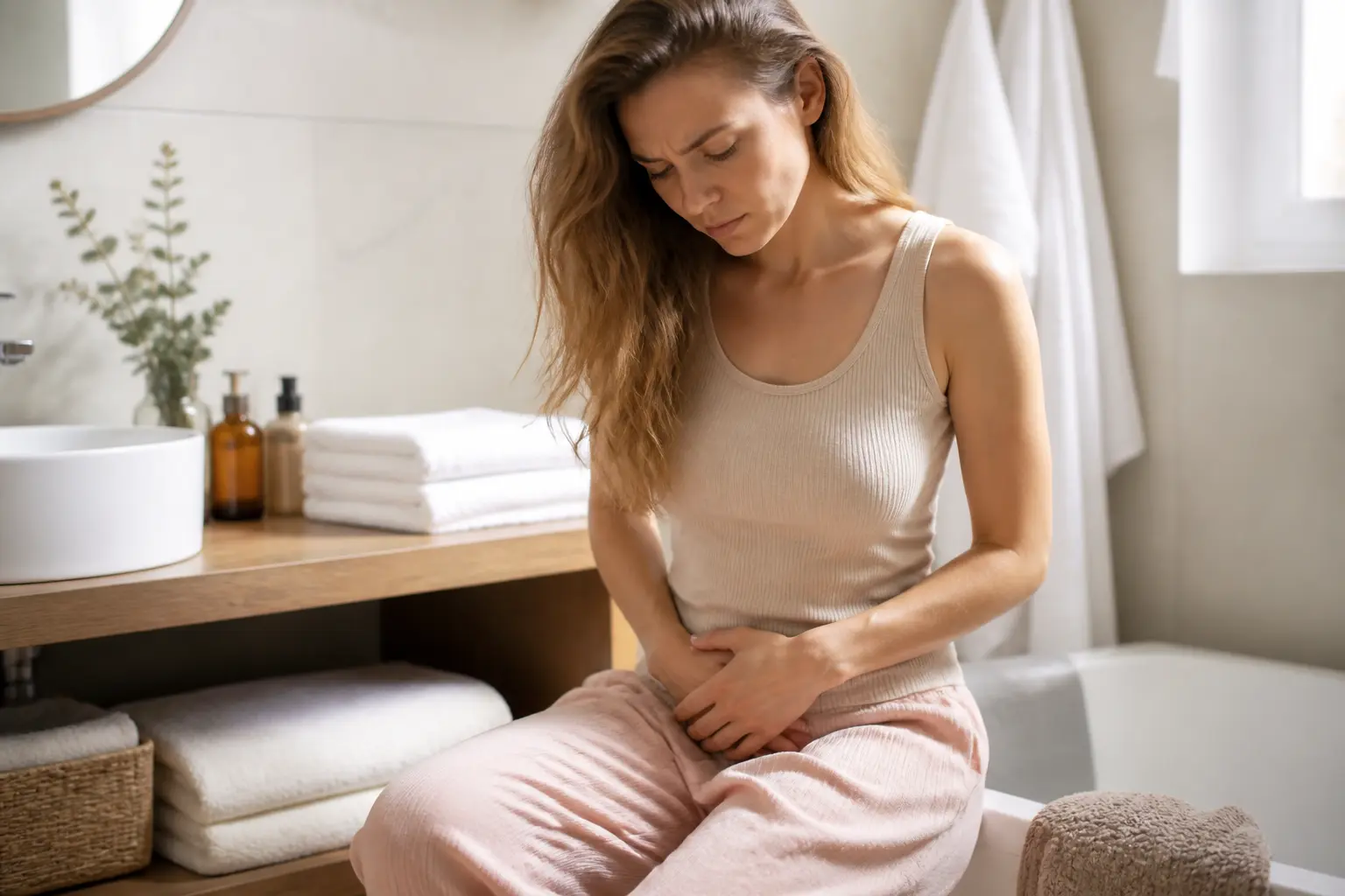 Femme adulte en salle de bain, irritation vulve vagin, ambiance douce, soins intimes et hygiène rassurante