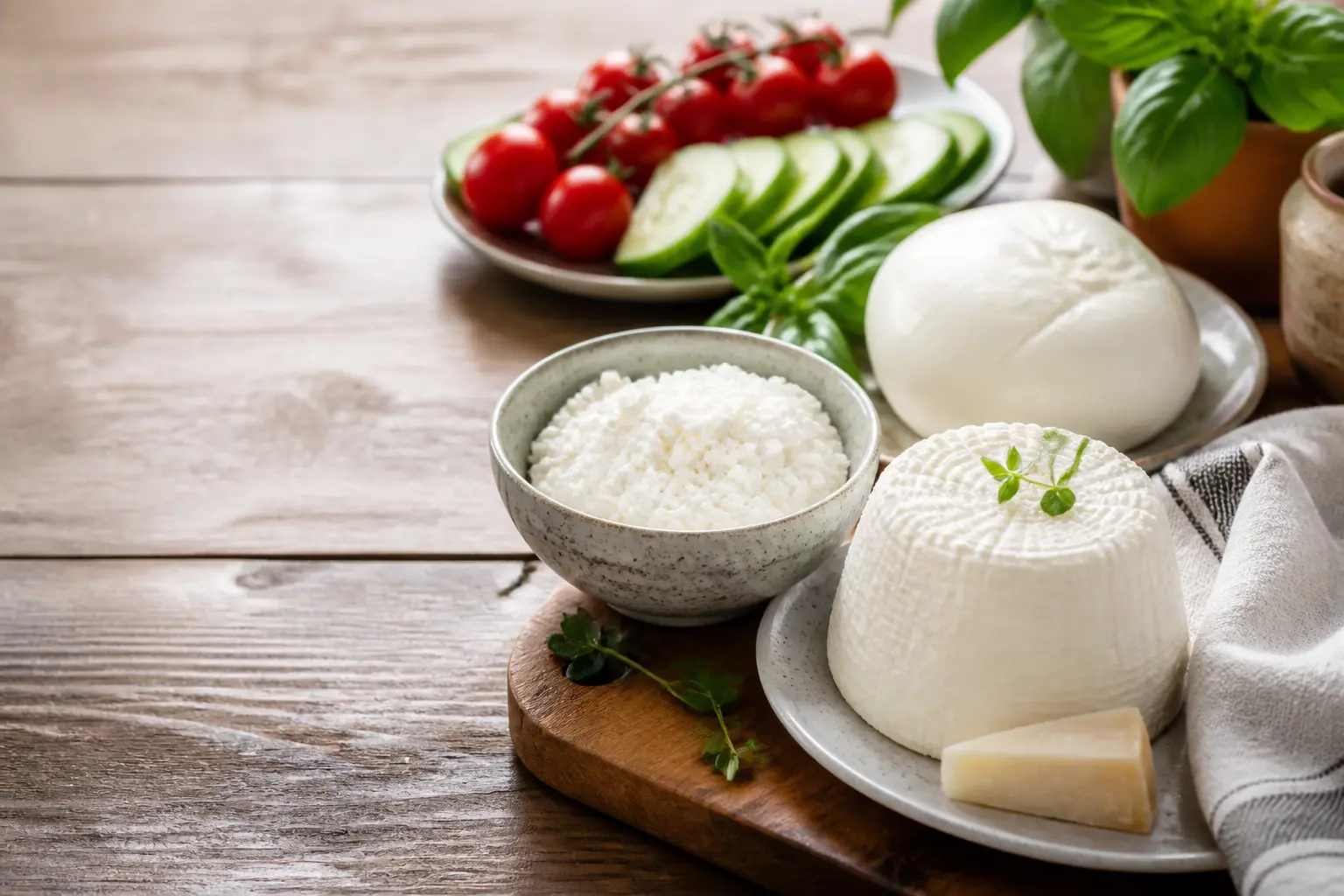 Le fromage le moins calorique : assortiment de fromages légers, ricotta et légumes frais sur table rustique, style éditorial.